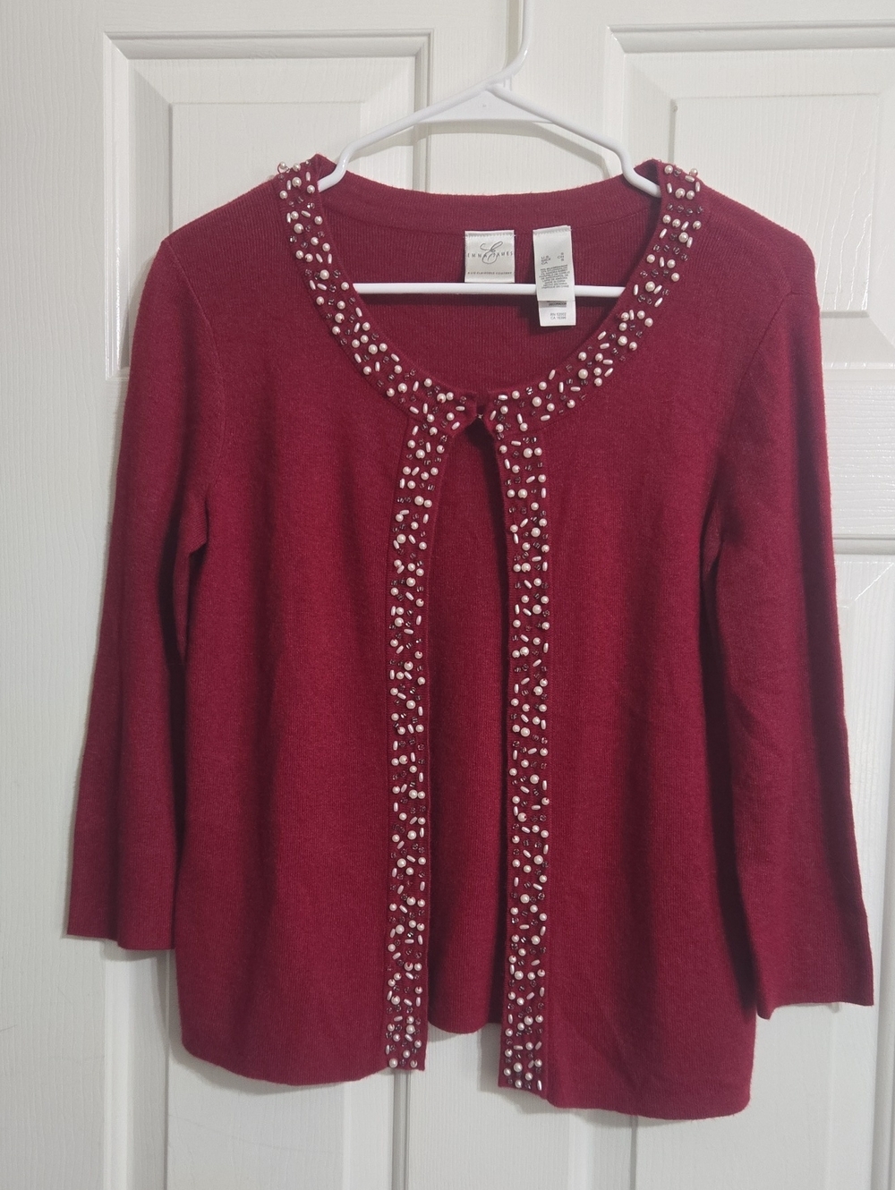 Emma James Burgundy Beaded-Trim Open Cardigan